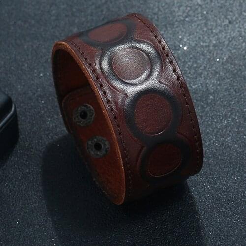 Wide Warp Bracelet Men Punk Vintage Bangle Genuine Leather Round Circle Pattern Chic Fashion Simple Jewelry Male