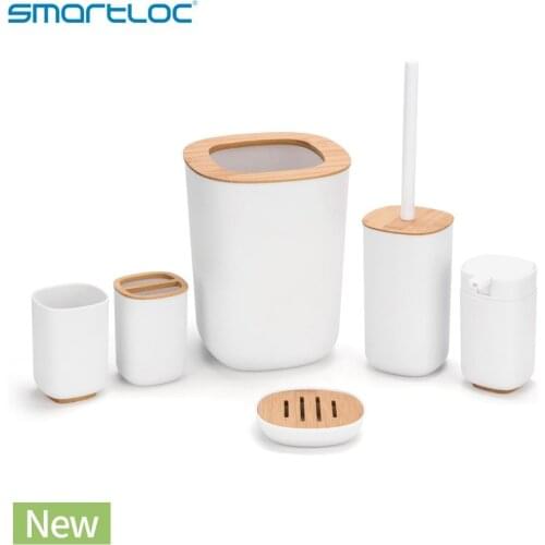 Smartloc Set of 6 Plastic Bamboo Square Circle Bathroom Accessories Set Toothbrush Holder Bathroom Set Toilet Accessories Brush