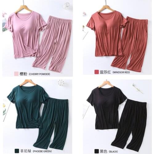 2021 Summer New Ladies Modal Pajamas Two-piece Suit with Chest Pad Short-sleeved Cropped Trousers Plus Size Home Service Set