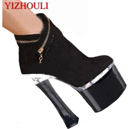 18cm Autumn And Winter Boots Round Toe 8 Inch High Heel Boots Sexy Flock Buckle Ankle Boots