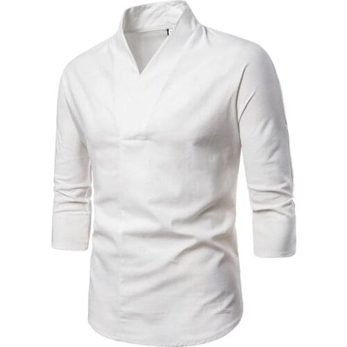 3/4 Sleeve Traditional Chinese Blouse Male Clothing Man Top Oriental V-Collar Shirt Linen Men Kimono Shirt Outfit Clothes XXXXL