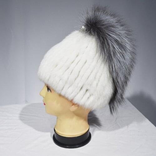 Jkp Fashion Winter Warm Womens Knitted Hat Mink Hat Fox Fur Silver Fox Decorative Belt Elastic Hot Selling Cap