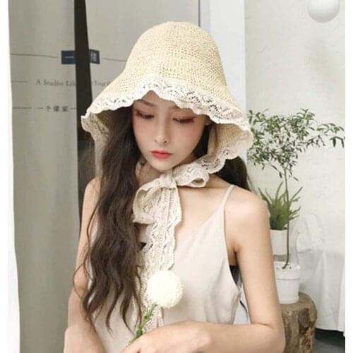 Red Straw Hat Woman Summer Lace Lace Beach Cap Xiaoqingxin Beach Vacation Sun Block Hat Strap
