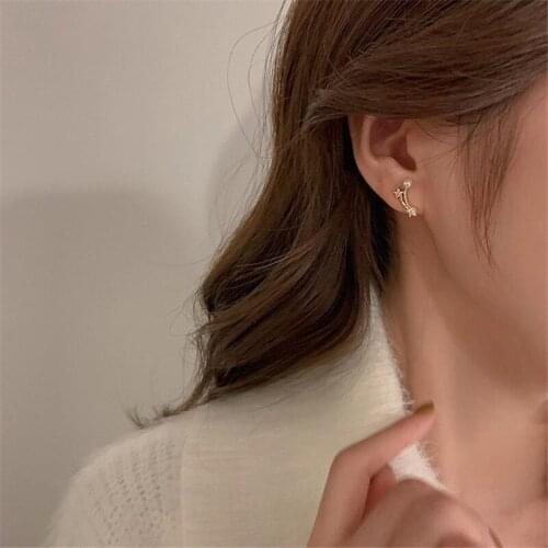 TIMEONLY Korean Style Imitation Pearl CZ Zirconia Star Clip Earring Asymmetry Charm Earrings for Women Girls Jewelry Party Gift
