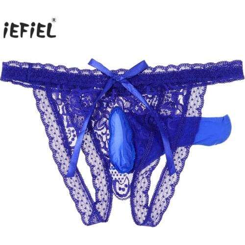 Men Sexy Briefs Low Rise Crotchless Lace Briefs Elastic Waistband Bulge Pouch Underpants Open Butt Bowknot Underwear Nightwear