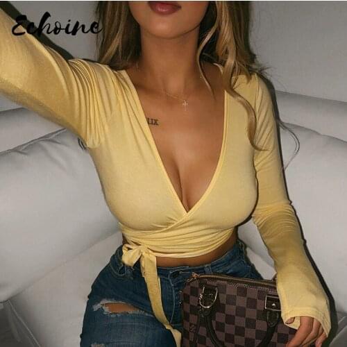 Women Sexy Deep V-neck Short T Shirts Summer Casual Solid Long Sleeve Basic Sashes Tied Waist T Shirt Tops New Camisetas 2020