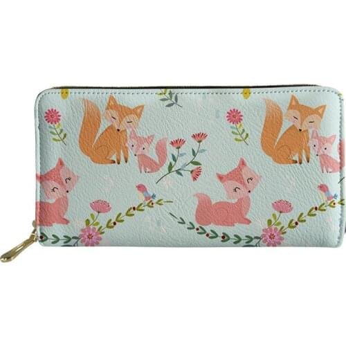 HYCOOL Women Money Bag Cute Cartoon Flower Fox Printing Long PU Leather Wallet Lady Purse Travel Card Phone Storage Clutch Bags