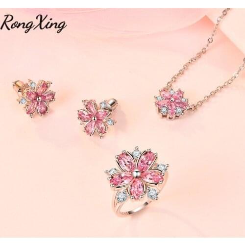 RongXing Elegant Pink Zircon Flower Jewelry Sets for Women Silver Color Necklace Stud Earrings Ring Female Wedding Bridal Set