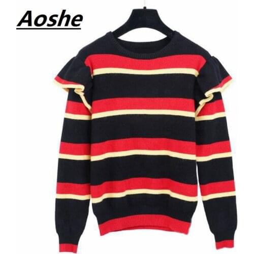 Aoshe Sweater For Women 2018 Winter Design Ruffles Patchwork Wool Knitted Sweaters Red Black Striped Slim Pullover Jumper