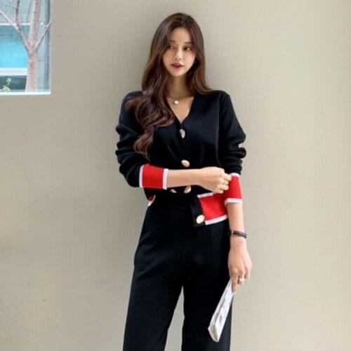 2021 Spring New Arrival Womens Fashion Sets Casual V-Neck Knitting Cardigan Button Sweater And Casual Pants Female Sports Suit