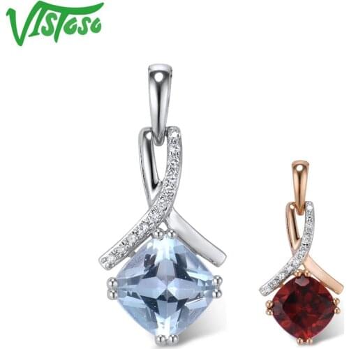 VISTOSO Gold Pendant For Women Genuine 14K 585 White Gold Radiant Sky Blue Topaz Sparkling Diamond Pendant Delicate Fine Jewelry