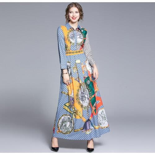 2021 Brand Designer Runway Dress Women Autumn Dress Shirt Letters C Print Horses Wagon Warrior Floral Long Sleeve Maxi Dresses