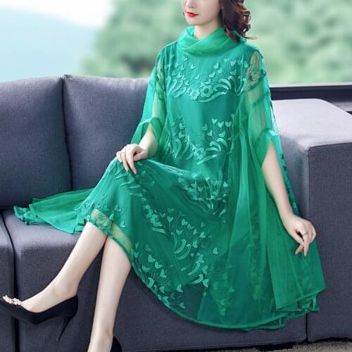 2021 Summer Vintage Women Stand Collar Green Orange Embroidery Loose Dress , Woman Clothes Mesh 5xl A Line Sweet Dresses