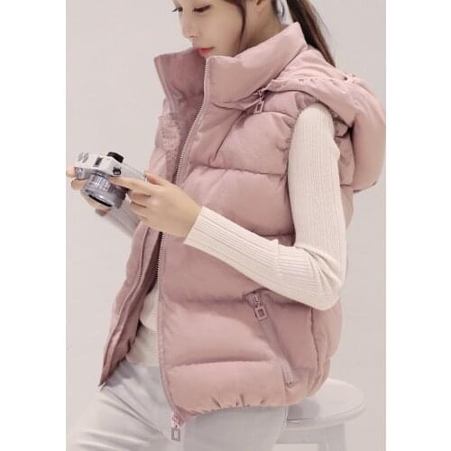 Fashion New 2020 Women Autumn Winter Solid Cotton Simple Vest Lady Short Detachable Hooded Zipper Down Vest Plus Size Waistcoats