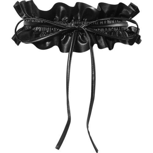 2020 Lotus Floppy Brim PU Waist Belt for Women Black Vintage Wide Self-tie Elastic Waistband Women European Wide Corset Caestus