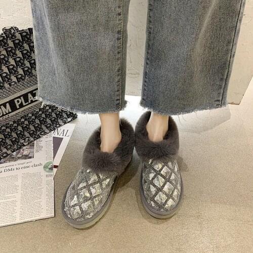 Apanzu Cotton Shoes non-slip Plus velvet Bread Shoes Women Winter New Warm Short Boots Sequins Plush Shallow Mouth Snow Boots