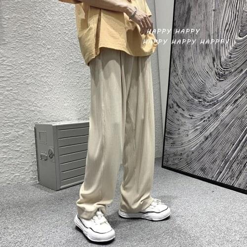 Summer Pleated Pants Men Fashion Gray Black Beige Casual Pants Men Streetwear Korean Loose Straight Wide Leg Pants Mens Trousers