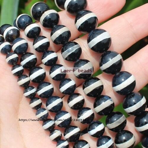 Natural Smooth Black 1Line Dzi Agate 6-12mm Round space beads, For DIY Necklace Bracelet Jewelry Making