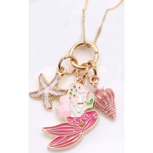 2020 Enamel Box Chain Children Necklace Sweet Pink Mermaid Fish Scale Heart Pendant Chain Necklace