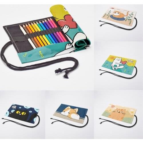 Cartoon Cat Printed Student Pen Bag For Unisex 24 Holes Cute Funny Canvas Roll Pencil Case Arting Supplies Storage Girls Pen Bag