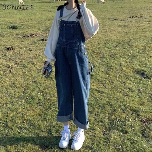 Jumpsuit Women Denim Loose Vintage Pockets Spring All-match Classic Ulzzang Cute Preppy Leisure Streetwear Classic Clothing Girl
