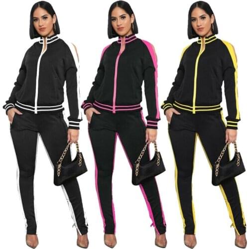 New Stylish Women Long Sleeves Zipper Stripe Patchwork Casual Long Jumpsuit 2pcs