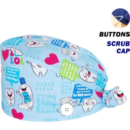 Fashion Unisex Scrubs Caps 100% Cotton Teeth Printing Nursing Cap Beauty Salon Pet Shop Working Accessories Scrub Hat Women Men