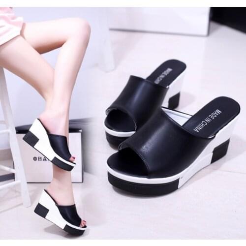 9CM er Fashion women slippers PU ather Open Toe flip flops sandals Women Wedges Slippers black white slides sandals C29