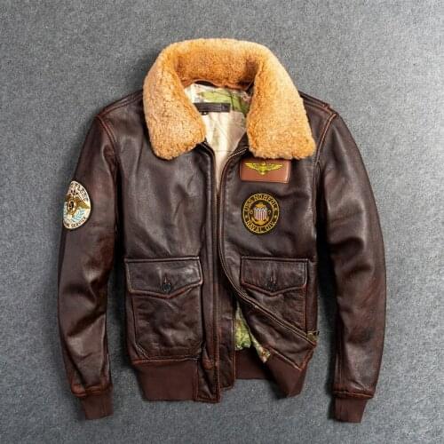 Leather Genuine Jacket For Men Male Cowhide Coat Real Animal 100% COW Skin Outer Wear Flight Suit With Fur Collar