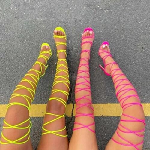 2021 New Women Gladiator Roman Sandals Open Toe Over The Knee High Leisure High Heel Lace Up Shoes Size 36-42 Pumps