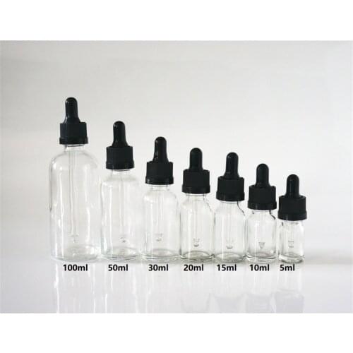 5/10/15/20/30/50/100ml Portable Clear Essential Oil Bottle Black Rubber Head Dropper Cap Black Anti Theft Lid Glass Container