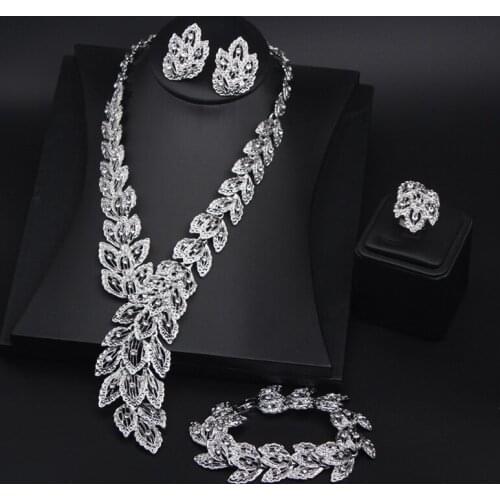 Crystal Bridal Jewelry Sets Leaves Shape Bridal Necklace Bracelet Earrings Ring Wedding Jewelry Sets for Women