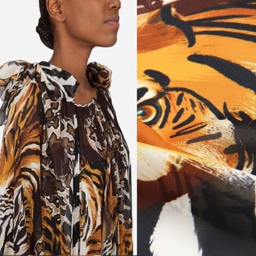 Spring and summer wild animals tiger striped chiffon fabricdesigner fabric European fashion show haute couture cloth