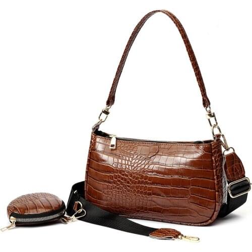 Crocodile Pattern PU One-shoulder Handbag Trendy Wild Two-piece Crossbody Bag Horizontal Solid Color Single-shoulder Bag