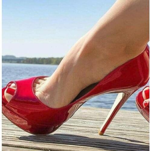 Red Patent Leather High Heel Pumps Women Shoes Peep Toe High Platform 14CM Wedding Shoes Bride Stiletto Heels Ladies Pumps
