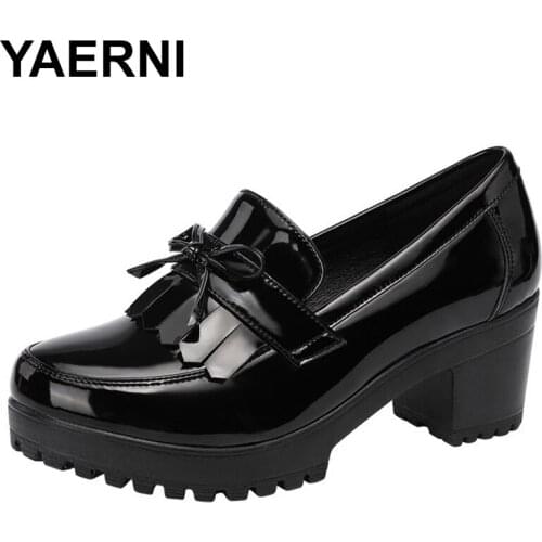 YAERNI Size 33-43 Women Pumps Bowknot Slip On Tassels Thick Heels Fashion Vintage Women Shoes For Party Leather Footwear