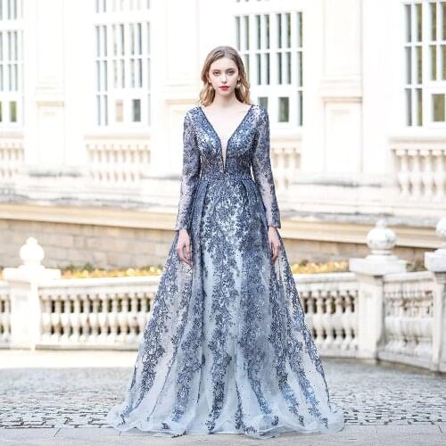 YQLNNE 2021 Dubai Navy Long Sleeve Embroidered Evening Dresses Deep V Neck Lace Crystals Formal Evening Gown Plus Size
