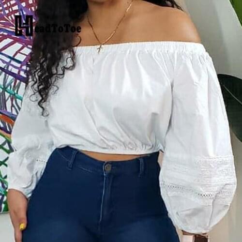 Solid Lantern Long Sleeve Slash Neck Blouse Tops Women Casual Crop Blouses