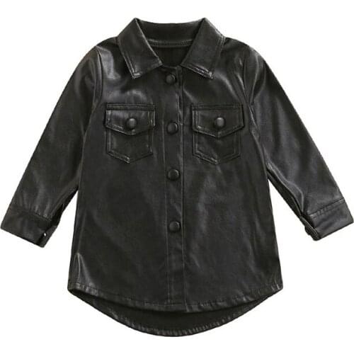 2-7Y Newborn Kids Babys Clothes Girls Fashion PU Leather Dress Coat Shift Long Sleeve Jacket Windbreaker Dress Gown Autumn