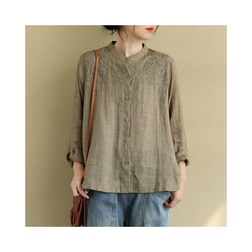 Spring Summer Cotton Linen Retro Embroidery Stand Long Sleeve Shirt 2021 New Loose Leisure All-match Women Tops Shirts FT818