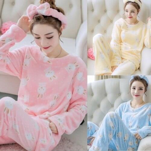 Woman Pajamas Set Sleepwear Nightgown PJ PJs Sets Coral Cute Flannel Fluffy Warm