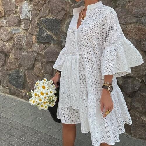 Elegant White Lace Hollow Out Ruffled Dress Women 2021 Autumn Summer Stand Buttons Short Dresses Vestido De Mujer Beach Wear