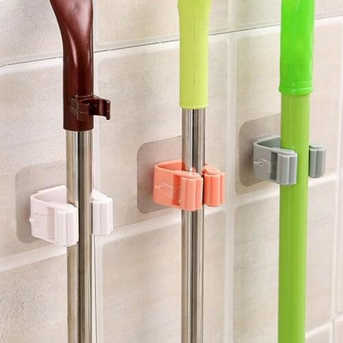 3pcs Wall Mounted Mop Organizer Holder Adhesive Multi-Purpose Hooks Brush Broom Hanger Home Kitchen Bathroom Storage Rack