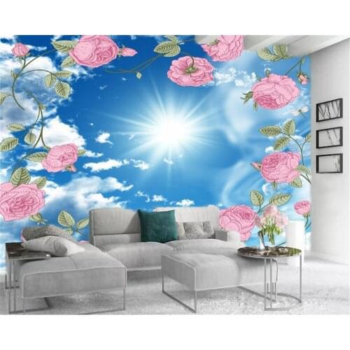 Custom 3d Landscape Wallpaper Delicate Flowers Blue Sky White Clouds Bright Sun Beautiful Landscape HD Mural Wallpaper