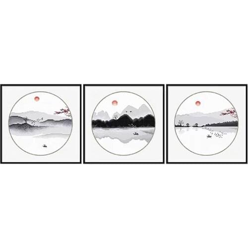 Water-colour Asian Chinese Painting Mountains Lake Landscape Stamped Cross Stitch Kit Embroidery needlework set