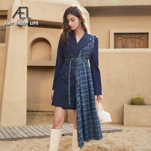 AEL Patchwork Blazer Women Navy Blue Plaid Lapel Collar loose Asymmetrical Long Coat Female Spring Fashion Clothing