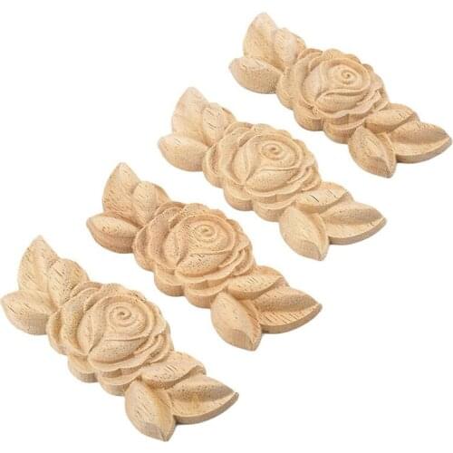 4pcs 9*3.5cm Wood Carved Corner Onlay Applique Door Cabinet Rose Unpainted European Style