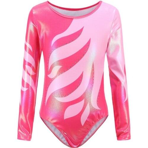 Children Girls Diamante Long Sleeve Ballet Practice Dance Wear Gymnastics Bright Color Body Suits