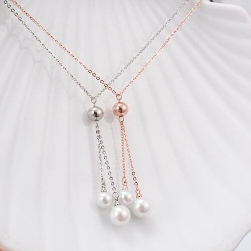 Stainless Steel Rose Gold Pearl Long Chain Pendant Necklace Sweater Chain Jewelry Pearl Necklaces Gift For Him