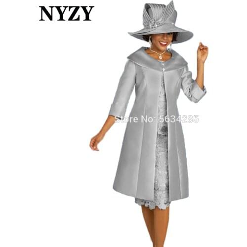 Elegant 2 Piece Silver Grey Mother of the Bride Dresses 2020 NYZY M336B Wedding Party Dress Cocktail Jacket Coat Church Suits